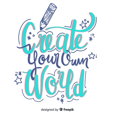 Image of 'Create Your Own World' Creative Lettering in Hand-drawn Design. Image credit: Freepik. https://www.freepik.com/free-vector/creativity-lettering-hand-drawn-design_5016540.htm