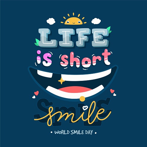 Funny life quotes images: 1. An image of 'smile, life is short' funny life quote. Image credit: Freepik. https://www.freepik.com/free-vector/world-smile-day-lettering_9906083.htm#