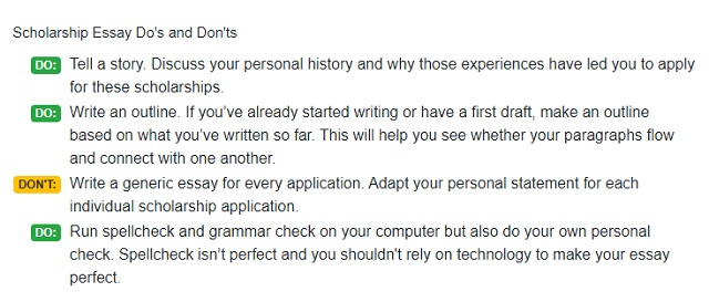 Scholarship Essay Tips: Scholarship Images/Pictures/Photos: 1. A file photo of tips on writing a good scholarship essay 'does' and 'don'ts'. Image credit: International Student. https://www.internationalstudent.com/essay_writing/scholarship_essaysample/