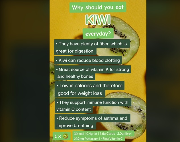 Health Benefits of Kiwi Fruits Pictures: 2. A picture of why you should eat kiwi fruits everyday. Picture credit: Tiktok Video. 