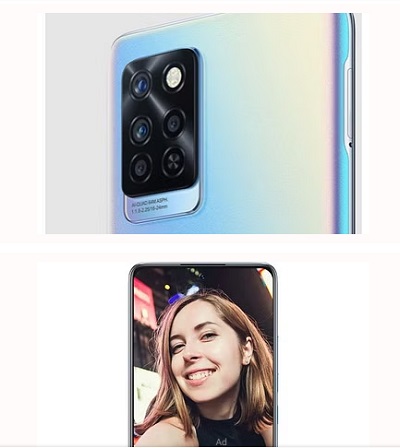 Infinix Note 10 Pro Specs Photo: 2. A photo of Infinix Note 10 Pro showing the quad camera and the display. Photo credit: giznext.com. https://www.giznext.com/mobiles/infinix-note-10-pro-gnt/images
