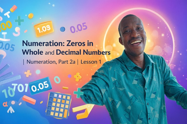 Ekene Ifechukwu smiling next to educational text for "Numeration: Zeros in Whole and Decimal Numbers | Numeration, Part 2 | Lesson 1" with math icons and decimal examples like 1.03 and 0.05.