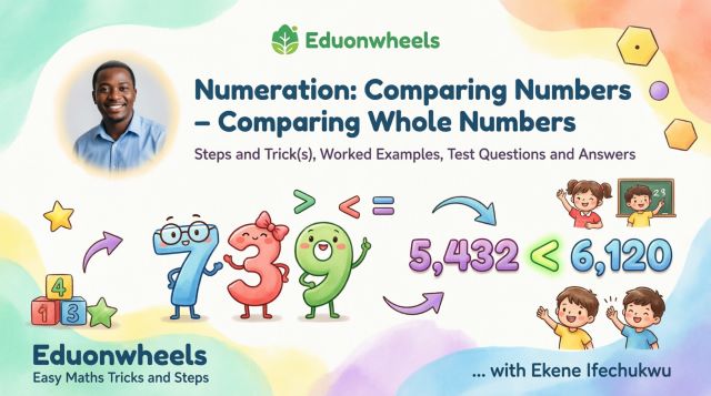 Colorful educational illustration for kids showing cartoon number characters 7, 3, and 9, and a mathematical comparison example proving 5,432 is less than 6,120 using a green less-than symbol.