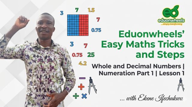Ekene Ifechukwu standing in front of a chalkboard with math symbols for an Eduonwheels lesson on Whole and Decimal Numbers. Images: 2