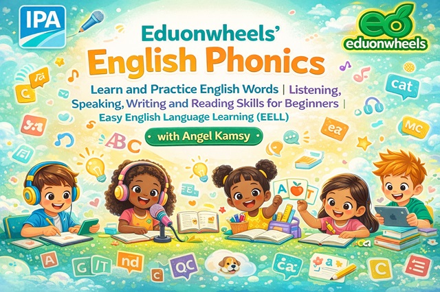 A group of diverse children happily learning English phonics with headphones, microphones, and books. The image features the text "Eduonwheels' English Phonics" and "Easy English Language Learning (EELL) with Angel Amsy," surrounded by colorful educational icons and letters.