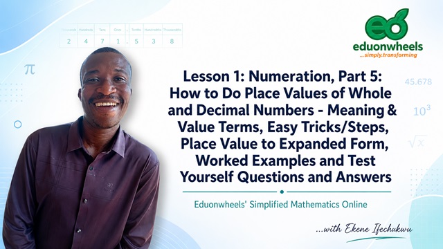 Modern educational website banner featuring a smiling mathematics tutor on the left and the lesson title “Lesson 1: Numeration, Part 5: Place Values of Whole and Decimal Numbers” with Eduonwheels logo on a clean blue gradient background. Images: 2