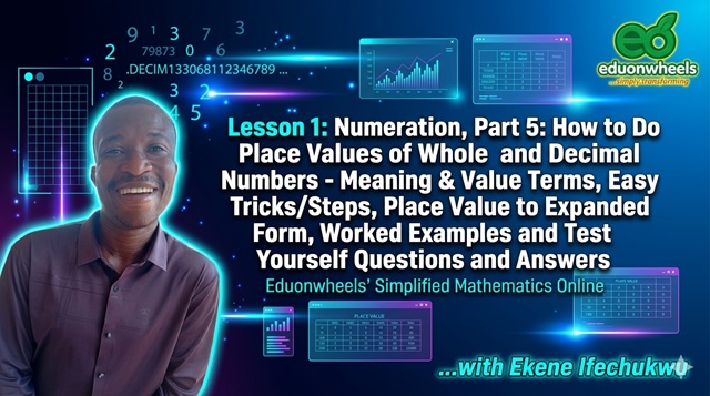 A futuristic, high-tech educational banner featuring a smiling tutor, Ekene Ifechukwu, on the left with a neon cyan glow. The background is a dark blue gradient filled with holographic math charts, place value tables, and floating digital numbers. The Eduonwheels logo is at the top right, and the center displays the main lesson heading in bold, glowing text.