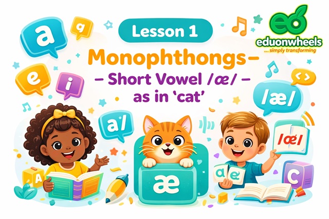 Educational illustration for Lesson 1 on Monophthongs, focusing on the short vowel sound /æ/ as in the word 'cat'. The image features a cheerful orange cat, a young girl reading a book, and a boy holding phonics cards, surrounded by colorful speech bubbles with vowels and the Eduonwheels logo.