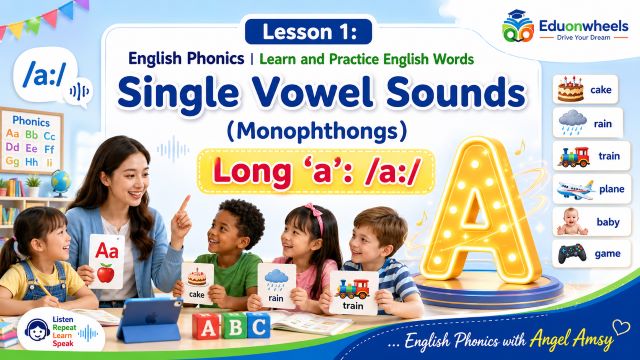 Eduonwheels English Phonics Lesson 1 title banner featuring a female teacher pointing up next to children holding flashcards for the Long A vowel sound words like cake, rain, and train.