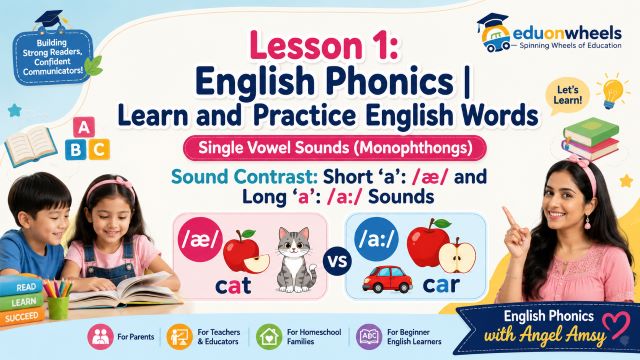 English Phonics Lesson 1 teaching short 'a' /æ/ sound in cat and long 'a' /ɑ:/ sound in car with teacher Angel Amy and two students learning single vowel monophthong pronunciation