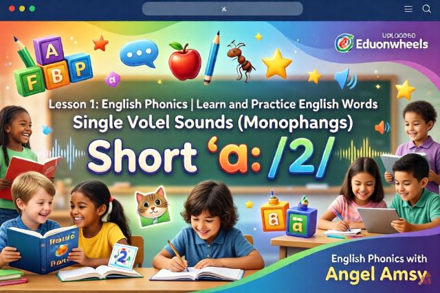 A classroom scene featuring diverse children studying English phonics. The image displays the text "Lesson 1: English Phonics | Learn and Practice English Words," "Single Vowel Sounds (Monophthongs)," and "Short 'a'." Visual elements include an apple, an ant, a cat, and the Eduonwheels logo with Angel Amsy's name.