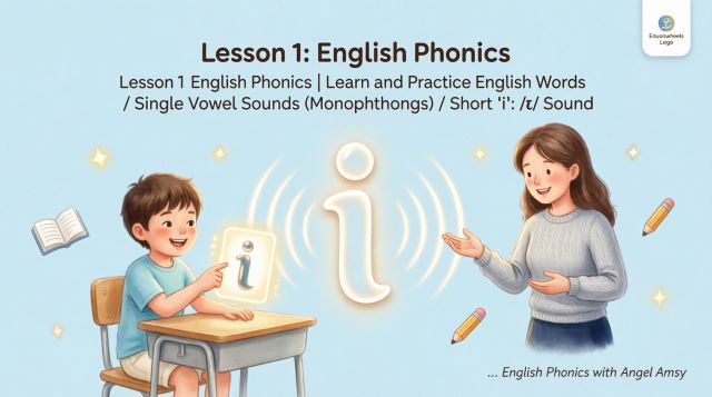 Eduonwheels Lesson 1 English Phonics: Short 'i' /ɪ/ Sound illustration showing teacher Angel Amsy and young student at desk learning single vowel sounds (monophthongs). Child points to letter 'i' with sound waves while teacher explains pronunciation. Educational classroom scene with books, pencils, and phonics learning materials for ESL students.