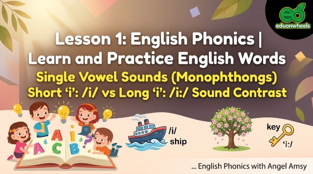 Educational banner for online English phonics lesson for children featuring a ship for short "i" sound and a tree/key for long "i:" sound.