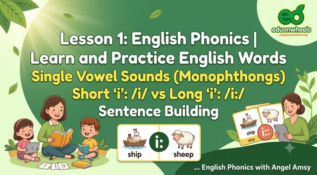 Animated video lesson slide teaching kids the difference between short 'i' and long 'i' sounds in English phonics. Happy illustrations of a girl and boy with sound symbols /ɪ/ and /i:/.