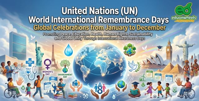 UN World International Remembrance Days calendar showing global celebrations from January to December with Earth globe, international landmarks including Statue of Liberty and Big Ben, diverse people, and icons representing peace, education, health, human rights, sustainability, and global unity awareness days