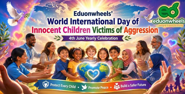 Eduonwheels banner for World International Day of Innocent Children Victims of Aggression on June 4th. The image shows a diverse group of smiling children holding a heart-shaped planet Earth, surrounded by supportive adult educators, white doves with olive branches, a world map background, and a banner that reads "Protect Every Child, Promote Peace, Build a Safer Future."