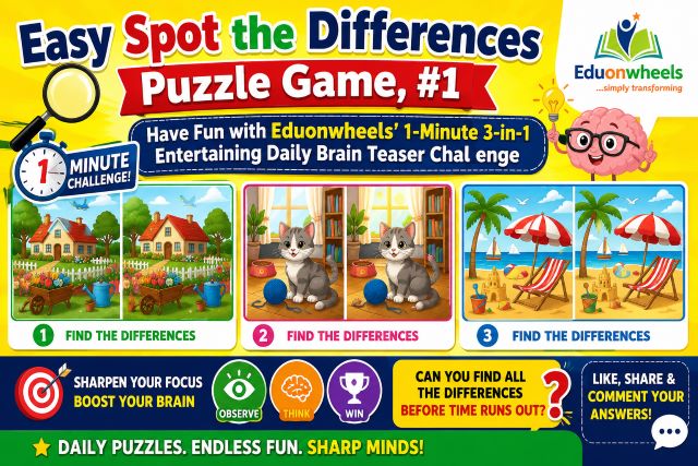 Spot the Differences Puzzle Game 1 Images 1: Easy Spot the Differences Puzzle Game #1 | 1-Minute 3-in-1 Daily Brain Teaser Challenge by Eduonwheels Easy Spot the Differences Puzzle Game, #1 - A 1-Minute 3-in-1 Entertaining Brain Teaser Challenge | Eduonwheels' Have Fun with Online Daily & Boast Your Cognitive Skills: Colorful website banner for Easy Spot the Differences Puzzle Game #1 by Eduonwheels featuring three fun spot-the-difference puzzles, a 1-minute brain teaser challenge, and engaging visual puzzles that improve observation skills, concentration, memory, and cognitive abilities.