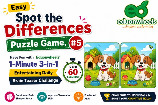 Easy Spot the Differences Puzzle Game, #5 – A 1-Minute 3-in-1 Entertaining Brain Teaser Challenge | Eduonwheels' Have Fun Online Daily & Boast Your Cognitive Skills - A Cute Baby Elephant, A Yellow Mug with Cookies and A Reading Table with Resources: Easy Spot the Differences Puzzle Game #5 website banner by Eduonwheels featuring a colorful 1-minute 3-in-1 brain teaser challenge with two side-by-side puzzle images, a white background, engaging educational graphics, and the Eduonwheels logo in the top-right corner to improve observation skills, concentration, memory, and cognitive development.