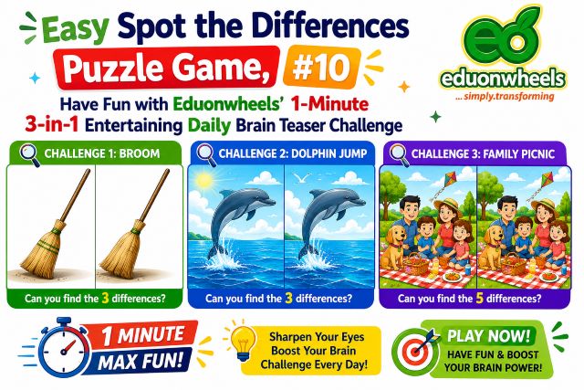 Easy Spot the Differences Puzzle Game, #10 - Broom, Dolphin Jump & Family Picnic - A 1-Minute 3-in-1 Entertaining Brain Teaser Challenge | Eduonwheels' Have Free Fun Daily IQ Test Online & Boast Your Cognitive Skills: Eduonwheels Easy Spot the Differences Puzzle Game #10 banner featuring three 1-minute brain teaser challenges—a broom, dolphin jump, and family picnic—with hidden differences for players to find and solve.