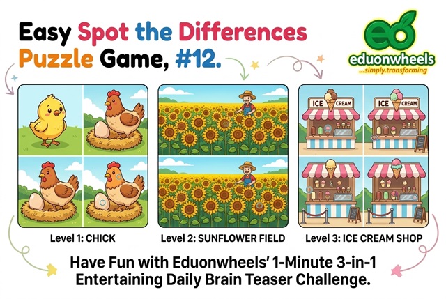 Easy Spot the Differences Puzzle Game, #12 - Chick, Sunflower Field and Ice Cream Shop - A 1-Minute 3-in-1 Entertaining Brain Teaser Challenge | Eduonwheels' Have Free Fun Daily with IQ Test Online & Boast Your Cognitive Skills: Spot the Difference Puzzle Game #12 banner by Eduonwheels featuring 3-in-1 challenges: Chick, Sunflower Field, and Ice Cream Shop with branding logo.