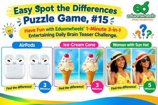 Easy Spot the Differences Puzzle Game, #15 - Airpods, Ice Cream Cone and Sun Hat-Wearing Smiling Woman - A 1-Minute 3-in-1 Entertaining Brain Teaser Challenge | Eduonwheels' Have Free Fun Daily IQ Test Online & Boast Your Cognitive Skills: Easy Spot the Differences Puzzle Game #15 featuring AirPods, an ice-cream cone, and a smiling woman wearing a sun hat, with 3-in-1 brain teaser challenges.