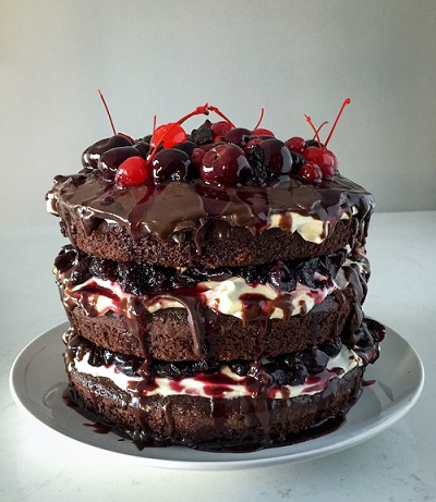 Photo of a traditional black forest chocolate cake.