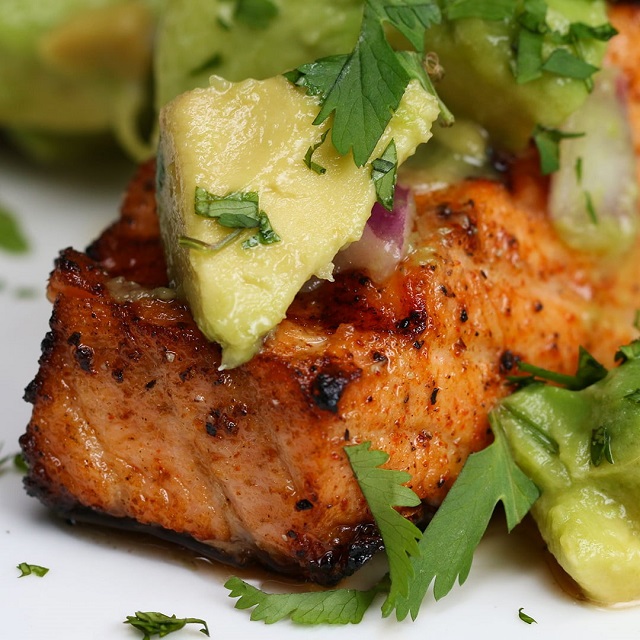 Image of grilled salmon and avocado salsa recipe and dish