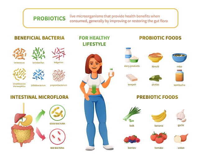 Free image of probiotics infographics cartoon set with female character surrounded by isolated icons - intestinal microfloral bactria foods.