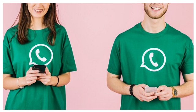 WhatsApp Original vs WhatsApp Plus - 5 Key Differences between WhatsApp Original and WhatsApp Plus Videos: 1 and Images: 1, 2 and 3 - Two young adults, a man and a woman, wearing green t-shirts with the WhatsApp logo, each holding a smartphone. They are smiling at their screens, representing a comparison between the official WhatsApp app and its popular modified version, WhatsApp Plus.