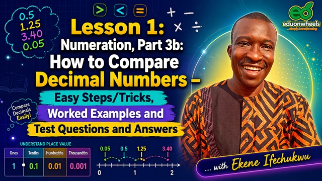 Numeration: Comparing Decimal Numbers - Easy Steps & Tricks, Worked Examples, Test Questions & Answers: YouTube Thumbnail for Eduonwheels math lesson: "How to Compare Decimal Numbers." Features Ekene Ifechukwu smiling next to example decimals (0.5, 1.25), place value charts, a number line, and math symbols.