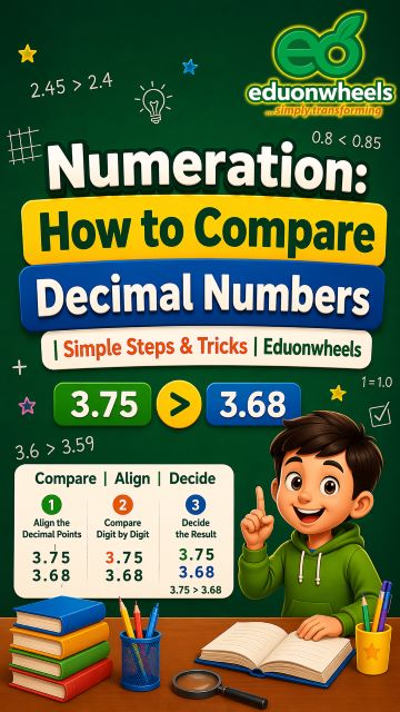 Numeration: How to Compare Decimal Numbers - Easy Steps And Tricks: Whiteboard lesson by Eduonwheels explaining 2 steps to compare decimal numbers using whole and decimal parts.