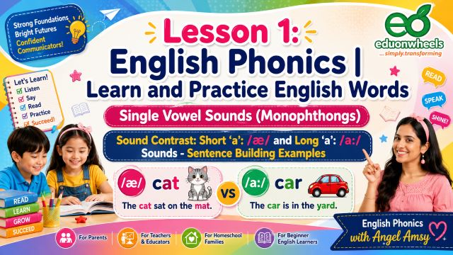 Lesson 1 English Phonics | Short “a” /æ/ and Long “a” /a:/ Sounds – Sentence Building Examples for Beginners: Short Vowel æ vs Long Vowel a – Sentence Building Examples Image 1 Short ‘a’: /æ/ vs Long 'a': /a:/ - Sentence Building Examples: Single Vowel Sounds (Monophthongs) | English Phonics – Learn and Practice English Words: Colorful English phonics educational website banner featuring Lesson 1 on single vowel sounds (monophthongs), teaching short “a” /æ/ and long “a” /a:/ sounds with sentence-building examples, happy child learners, teacher illustration, Eduonwheels logo, and English Phonics with Angel Amsy branding.