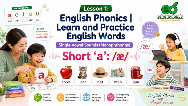 Short ‘a’: /æ/ | Single Vowel Sounds (Monophthongs) | English Phonics – Learn and Practice English Words:: Educational graphic for "Lesson 1: English Phonics" by Eduonwheels featuring the short 'a' /æ/ sound. The image shows a teacher with a student, children using tablets, a phonics chart, and example words: apple, cat, hat, map, and jam.