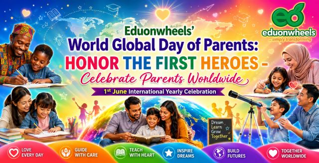 World Global Day of Parents – 1st June Yearly International Celebration: HONOR THE FIRST HEROES: Celebrate Parents Worldwide – Day/Date of Celebration Globally, General Theme, Objectives, Significance and Call to Action/Question for Discussion: World Global Day of Parents website banner by Eduonwheels featuring diverse families worldwide, parents teaching and nurturing children, colorful global background, educational icons, world map, and inspirational message celebrating parents as the first heroes of future generations.