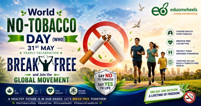 World No-Tobacco Day (WHO) – 31st May Yearly Celebration: BREAK FREE and Join the Global Movement – Day/Date of Celebration Globally, Objectives, Significance and Call to Action/Question for Discussion: "Eduonwheels' World No-Tobacco Day (WHO) — Break Free and Join the Global Movement. Every May 31st, the world unites for International World No-Tobacco Day, a global movement to break free from tobacco addiction.