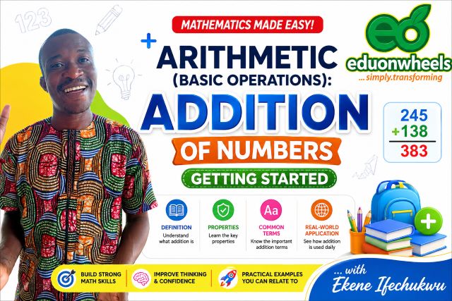 Addition of Numbers, Part 1: Arithmetic Addition of Numbers – Definition, Properties & Real-World Applications | Eduonwheels Arithmetic (Basic Operations): Addition of Numbers, Part 1 - Getting Started - Definition, Properties and Common Terms Used in Real-World Application in Everyday Life | Easy Math Tricks and Steps | Eduonwheels: Premium educational mathematics banner featuring a smiling math tutor, Eduonwheels logo, and colorful visual elements for an introductory lesson on Arithmetic, Addition of Numbers, basic operations, properties, common terms, and real-world applications.
