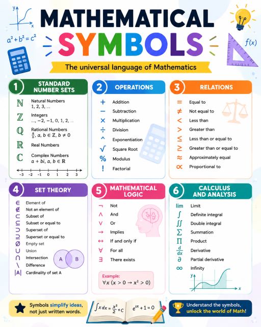 Mathematical Symbols – Image 1: Mathematical Symbols: Number Sets, Operations, Relations, Set Theory, Logic & Calculus