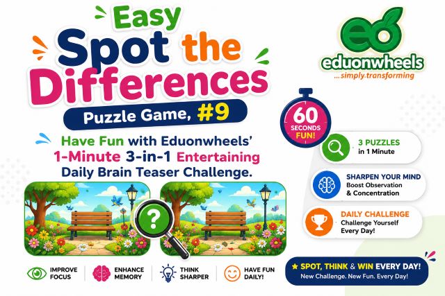 Easy Spot the Differences Puzzle Game, #9 - Husked Corn in Cobs, Table Lamp and Treasure-Guarding Baby Dragon - A 1-Minute 3-in-1 Entertaining Brain Teaser Challenge | Eduonwheels' Have Fun Online Daily & Boast Your Cognitive Skills: Easy Spot the Differences Puzzle Game #9 by Eduonwheels, featuring a colorful 1-minute 3-in-1 visual brain teaser challenge with side-by-side puzzle images, a 60-second timer, and cognitive-skill prompts for improving observation, concentration, memory, focus, and attention to detail.