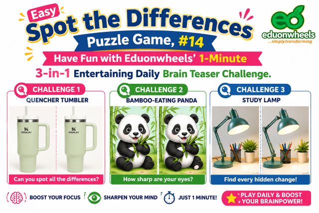 Spot the Differences Puzzle Game Image, #14: Easy Spot the Differences Puzzle Game #14 | 1-Minute 3-in-1 Brain Teaser Challenge Easy Spot the Differences Puzzle Game, #14 - Quencher Tumbler, Bamboo-Eating Panda & Study Table - A 1-Minute 3-in-1 Entertaining Brain Teaser Challenge | Eduonwheels' Have Free Fun Daily IQ Test Online & Boast Your Cognitive Skills: Easy Spot the Differences Puzzle Game #14 featuring three 1-minute brain teaser challenges: Quencher tumbler, bamboo-eating panda, and study table, with Eduonwheels logo SEO-Optimized Title